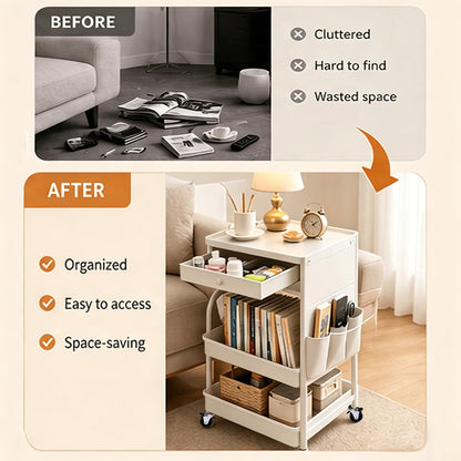 3 Tier Rolling Cart with Wheels and Drawers,Utility Storage Organizer Cart with Fabric Bag & Silent Casters for Nail Art, Makeup, Book, Nursery, Dorm Room Essentials and Kitchen, White
