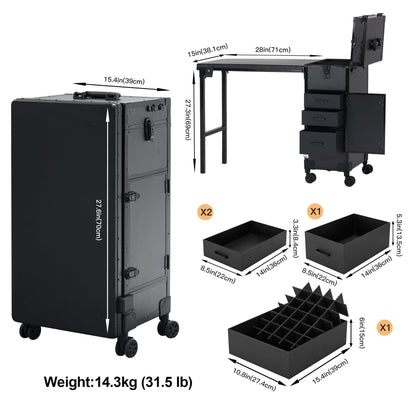 Portable Nail Desk for Nail Tech, Foldable Manicure Table with 3 Drawers & Mirror, Rolling Nail Table with Lockable Train Case, Nail Polish Organizer, Mobile Nail Tech Workstation with Wheels, Black