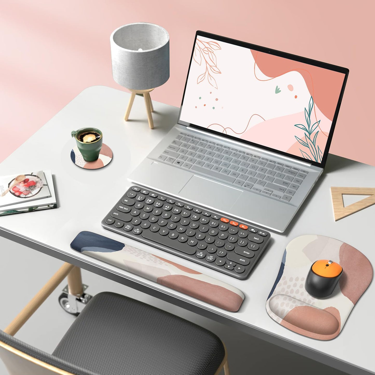 HAOCOO Ergonomic Mouse Pad and Keyboard Wrist Rest Set, Gel Wrist Rest for Computer, Gaming Mouse Pad for Office Home, Pink Boho