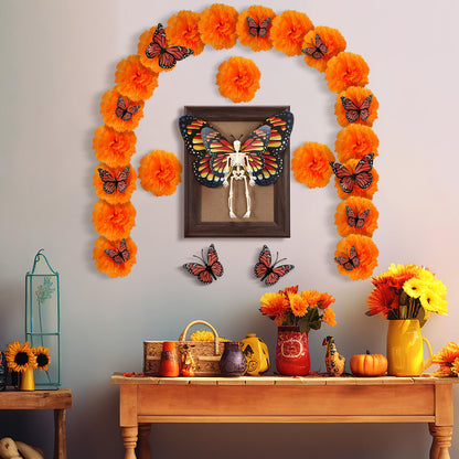 Simgoing 55 Pcs Day of The Dead Altar Decor Kit Dia De Los Muertos Ofrendas Wall Decorations 40 Marigold Flowers, 13 Monarch Butterfly, Skeleton, Photo Frame Indian Diwali Altar Remembrance Supplies