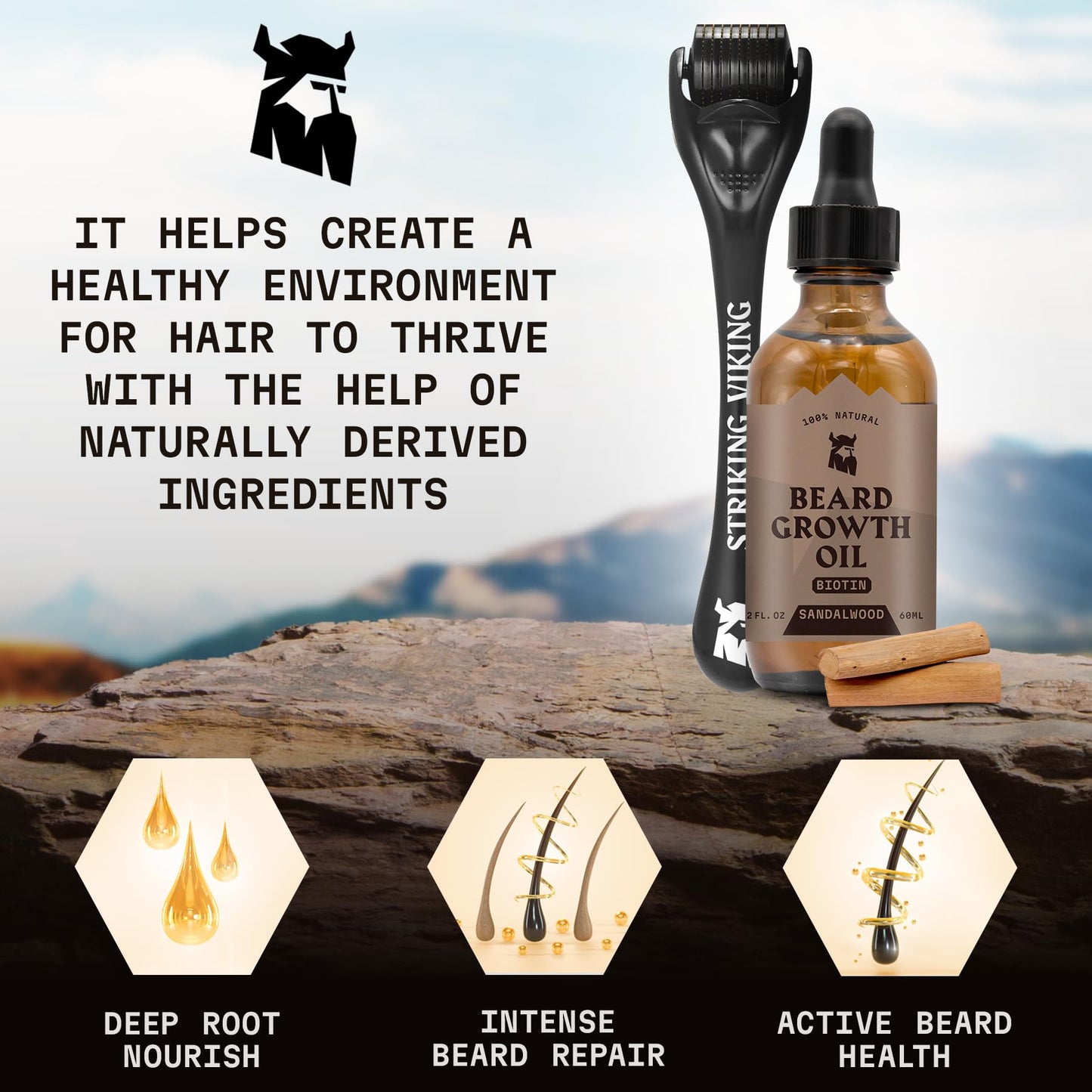Striking Viking Beard Oil with Biotin for Men - 2 Fl Oz, 1 Pack, Sandalwood - Thickening & Conditioning Beard Growth Oil & Serum with Argan & Jojoba for Hydrated Facial Hair