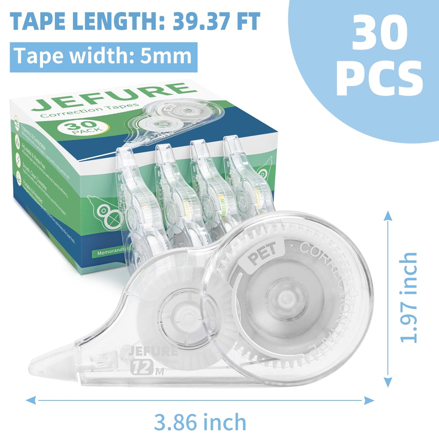 JEFURE 30 Pcs Correction Tape, 39.4 Ft White Wrong Out Tear-Resistant Bulk, Instant Corrections Easy To Use Applicator for School, Office, Note Taking, Journal (Tape Width 0.2 in, Clear)