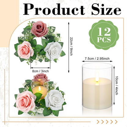 Yunlly 12 Pcs Rose Candle Rings with Flameless Candles Sets, Artificial Flower Eucalyptus Wedding Centerpiece 3 Inch Pillar Candleholders Wreaths for Wedding Party Mother's Day (Pink，White)