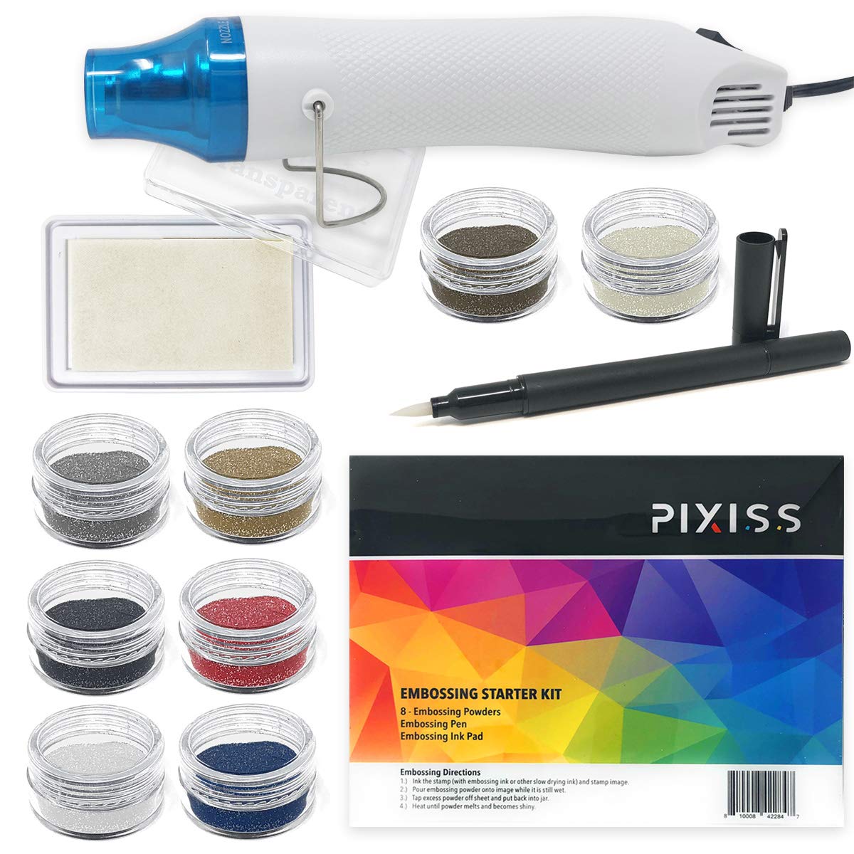 Embossing Kit with Heat Tool Bundle, Embossing Powders, Complete Embossing Starter Kit, Clear Embossing Pen, Embossing Ink Pad, 8X 10ml Embossing Powders for Crafts