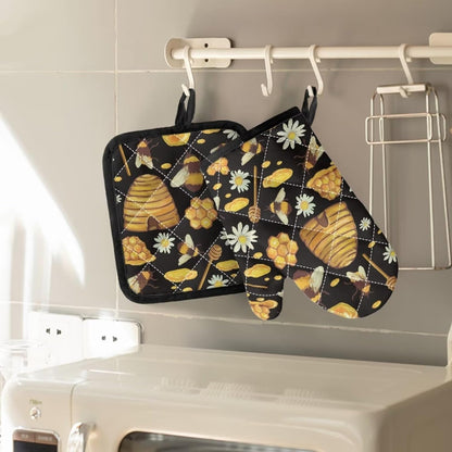 GIFTPUZZ Bee Oven Mitt Pot Holder Set of 2, Heat Resistant Heavy Duty Gloves + Thick Hot Mats for Kitchen