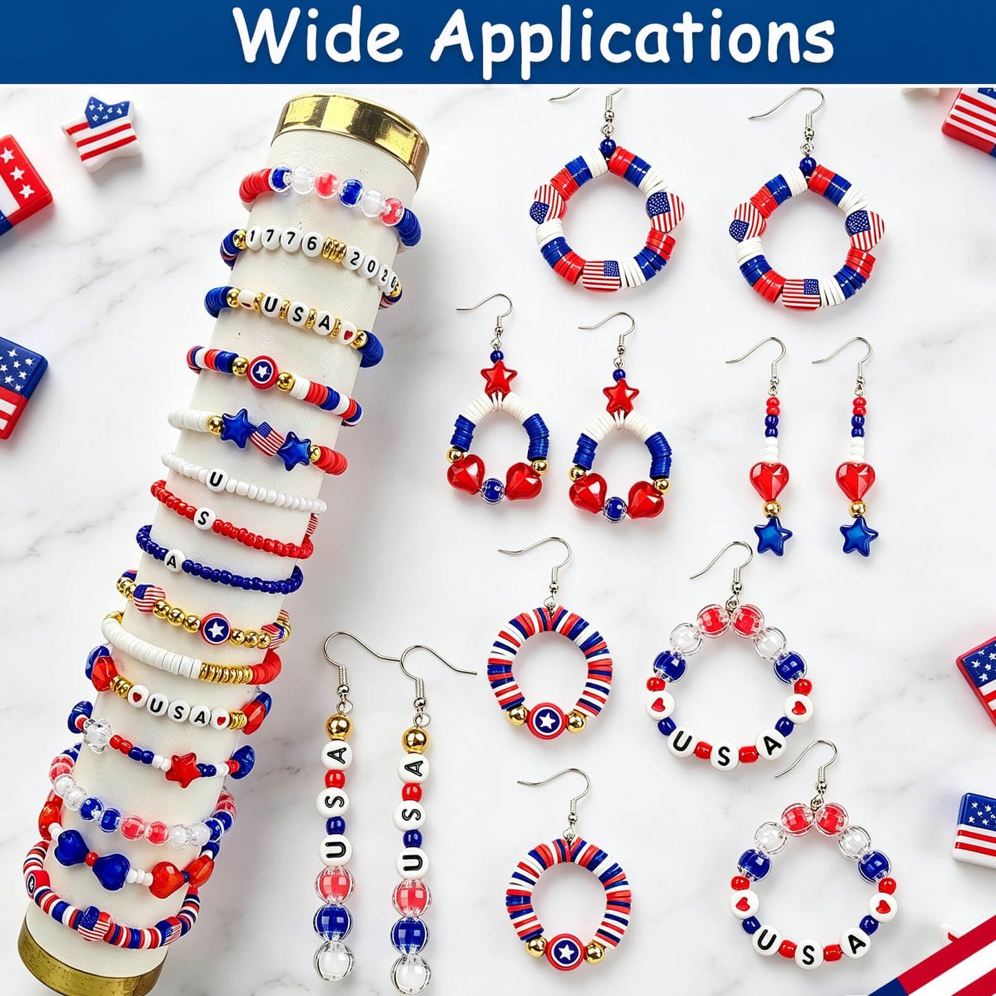 2360+ Pcs 4th of July Beads for Jewelry Making, Red White Blue Patriotic Bead Kit for Bracelets Necklace Craft Supplies Including Clay Charms USA Letter Beads Star Spacer Charms for Independence Day