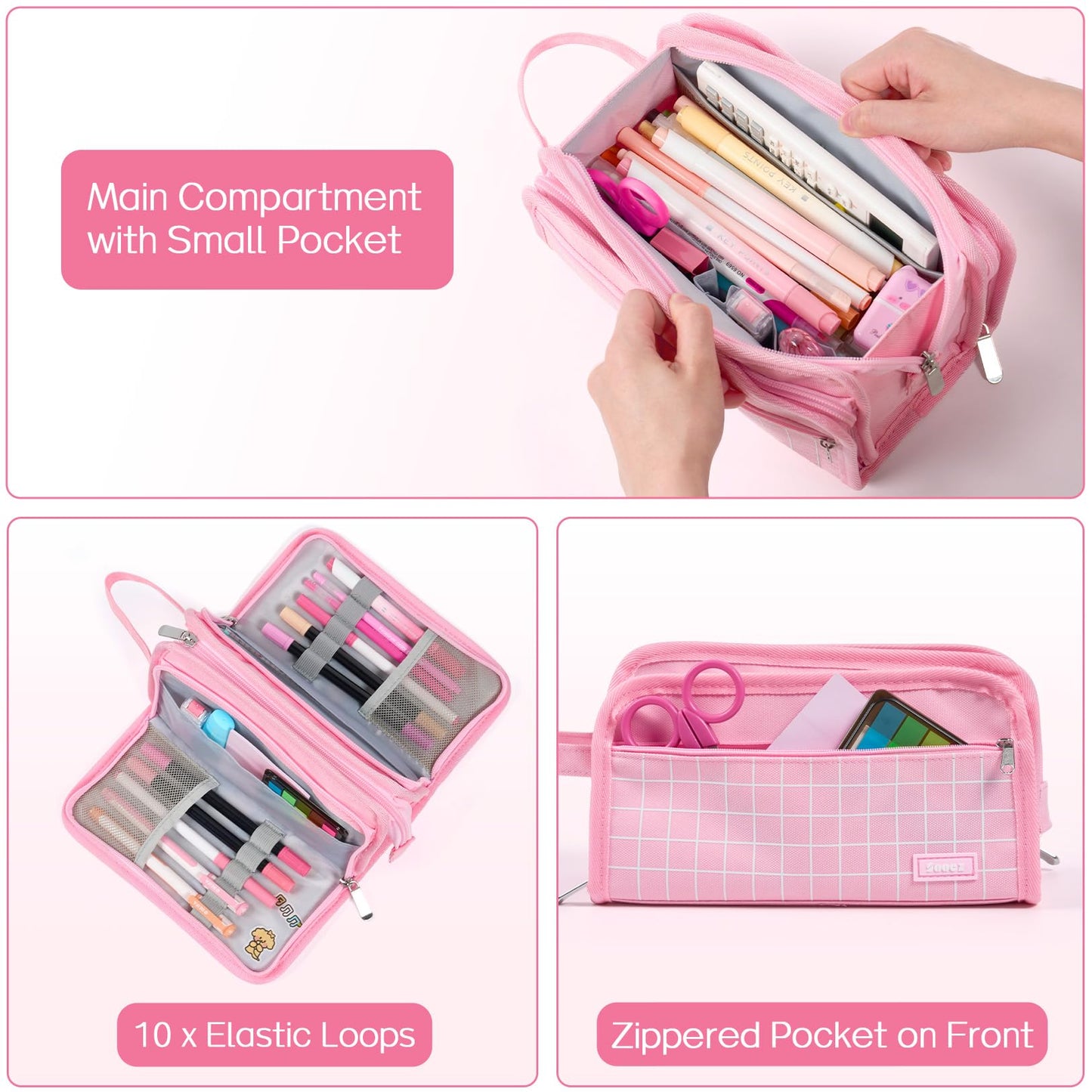 Sooez Large Pencil Case, Big Capacity Pencil Pouch Pen Bag with 3 Compartment, Portable Canvas Stationery Organizer with Zipper, Cute Aesthetic School Supplies for Teen Girls College, Black with Plaid
