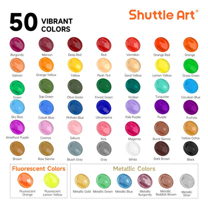 Shuttle Art Acrylic Paint, 50 Colors Acrylic Paint Set, 2oz/60ml Bottles, Rich Pigments, Water Proof, Premium for Artists, Beginners and Kids on Canvas Rocks Wood Ceramic Fabric