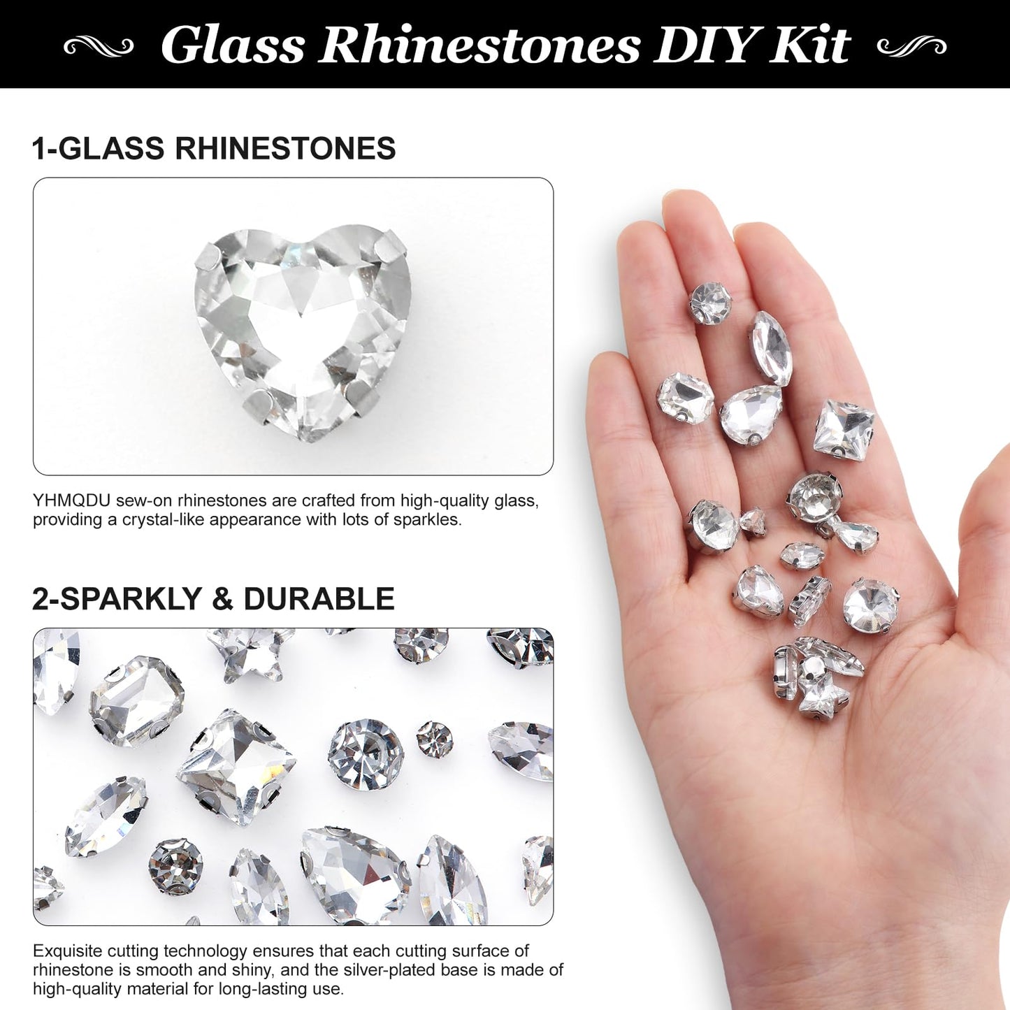 YHMQDU Sew on Rhinestones 205 PCS Glass Mixed Shapes Sew on Crystal Gems Flatback with Silver Claw for Jewelry Crafts Clothes Shoes Costume (Sliver Rhinestones)
