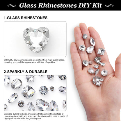 YHMQDU Sew on Rhinestones 205 PCS Glass Mixed Shapes Sew on Crystal Gems Flatback with Silver Claw for Jewelry Crafts Clothes Shoes Costume (Sliver Rhinestones)
