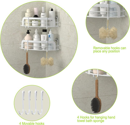 2-Pack 4 SUS304 STEUGO Corner Shower with Hooks Adhesive, Bathroom Shower Rack Rust Resistant Stainless Steel for Dorm