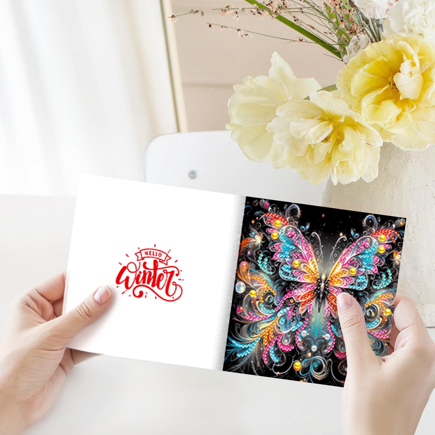 pigpigboss 6 Packs Butterfly Diamond Art Greeting Cards with Envelope, Special Shaped Drill Flower Butterfly Diamond Art Birthday Thank You Cards for Adult Holiday Blessing