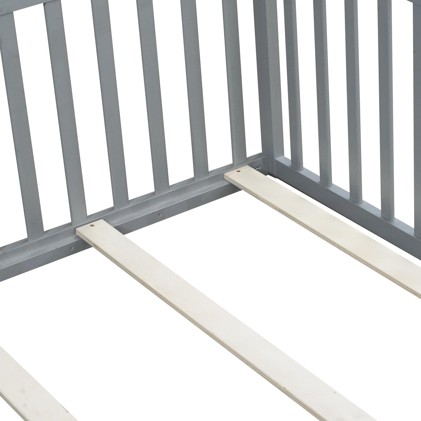 KEIKI Full Floor Bed Frame with High Fence Guardrail, Solid Wood Montessori Kids Bed, Pine Wood Platform Floor Bed with Storage Racks, White