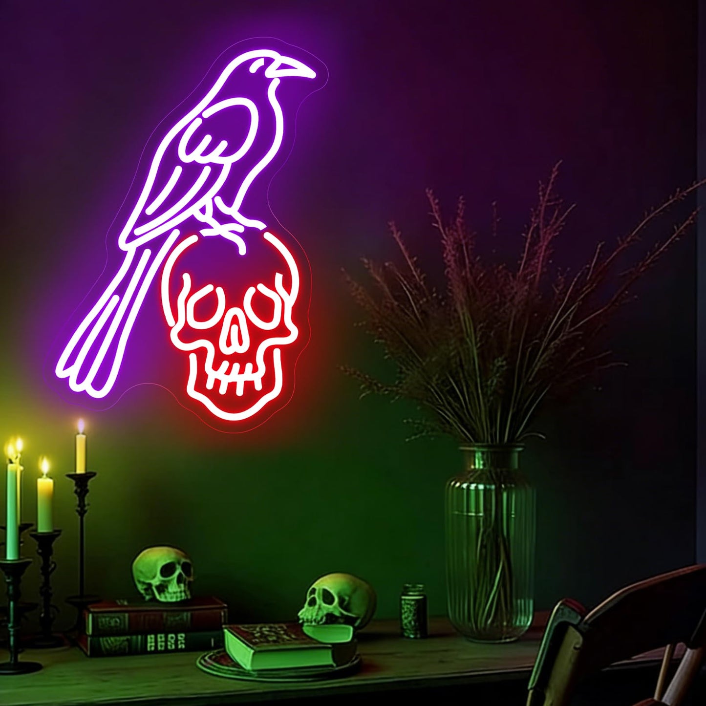 Raven Skull Neon Sign, LED Neon Sign Wall Decor Gothic Raven Light for Bedroom Studio Game Room, Animal Skeleton Bird Art Wall Display 15.7” × 11.4”
