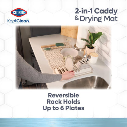 Clorox KeptClean 2-Piece Folding Kitchen Sink Mat and Sink Organizer – Folding Mat for Elevated Drying and Storage, Extending Organizer Dries 6 Plates, Flips to Dry Accessories – Almond Cream