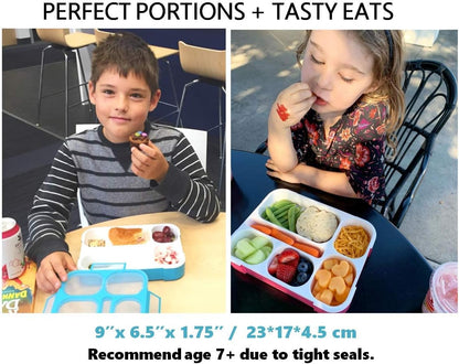 Bento Lunch Box for Kids & Adults, Leakproof Containers with 6 Compartments, BPA-Free Utensils, Blue & Pink Set