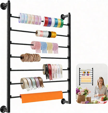 Xbsyhx 7 Tier Ribbon Storage Organizer, Wall Mounted Ribbon Organizer, Wrapping Paper Rack, Metal Ribbon Storage Craft Room Cake Shop Flower Store Scarf Belt-Black