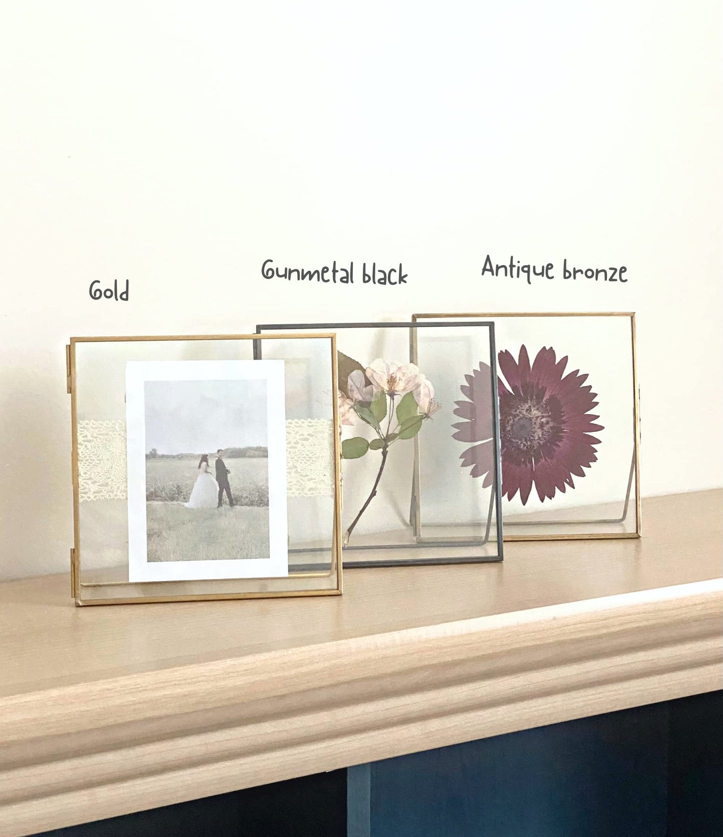 Beedecor Double Glass Frame for Pressed Flowers, Leaf and Artwork,Bronze 6x6 Standing Square Metal Picture Frames, Set of 2 Pressed Flower Frames with Stand (Antique bronze, 6x6)