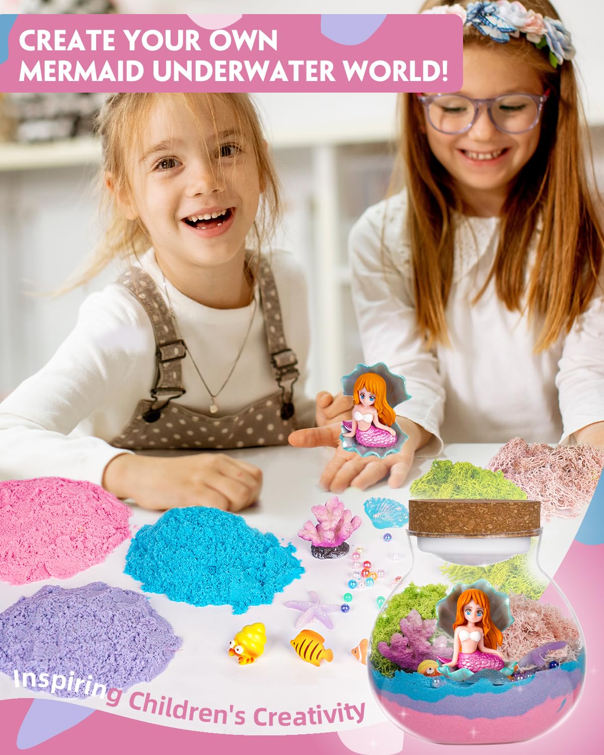 Winnrok Mermaid Terrarium Kit for Girls - DIY Night Light Craft with 13-Color LED, Remote & Timer. Ideal Easter Basket Stuffers, Birthday Gift for Kids Ages 4-8-12. Create Underwater Garden
