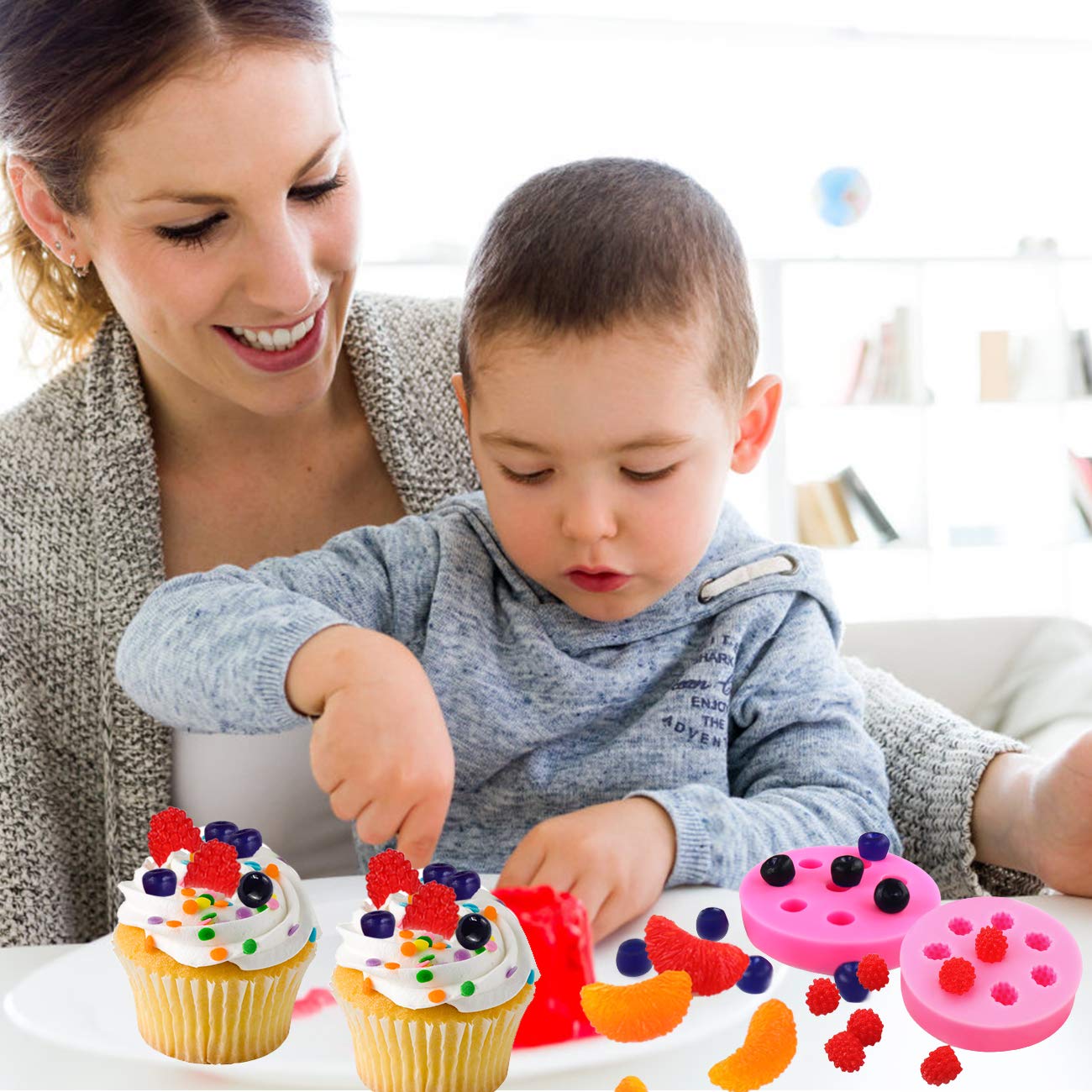 Juome 5Pcs Fruit Shaped Jelly Molds, 3D Mini Pineapple Strawberry Orange Blueberry Mulberry Candle Silicone Fruit Mold for Cupcake Decorating, Soap, Chocolate