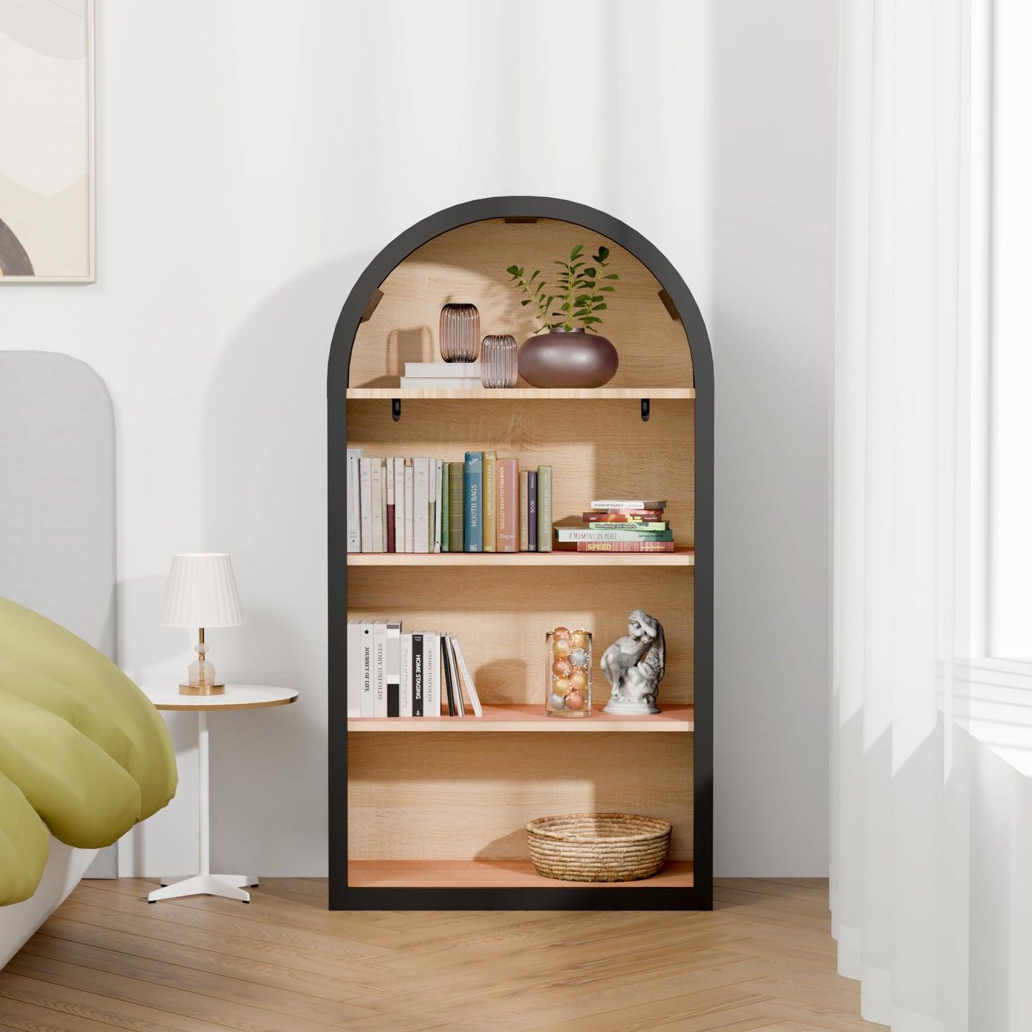 DiMorture 43" Tall Arched Bookshelf/Bookcase, 4-Tier Free-Standing Storage Shelves Bookshelves Organizer Rack for Books/CDs/Magazine, Home Library Organizer(Black)