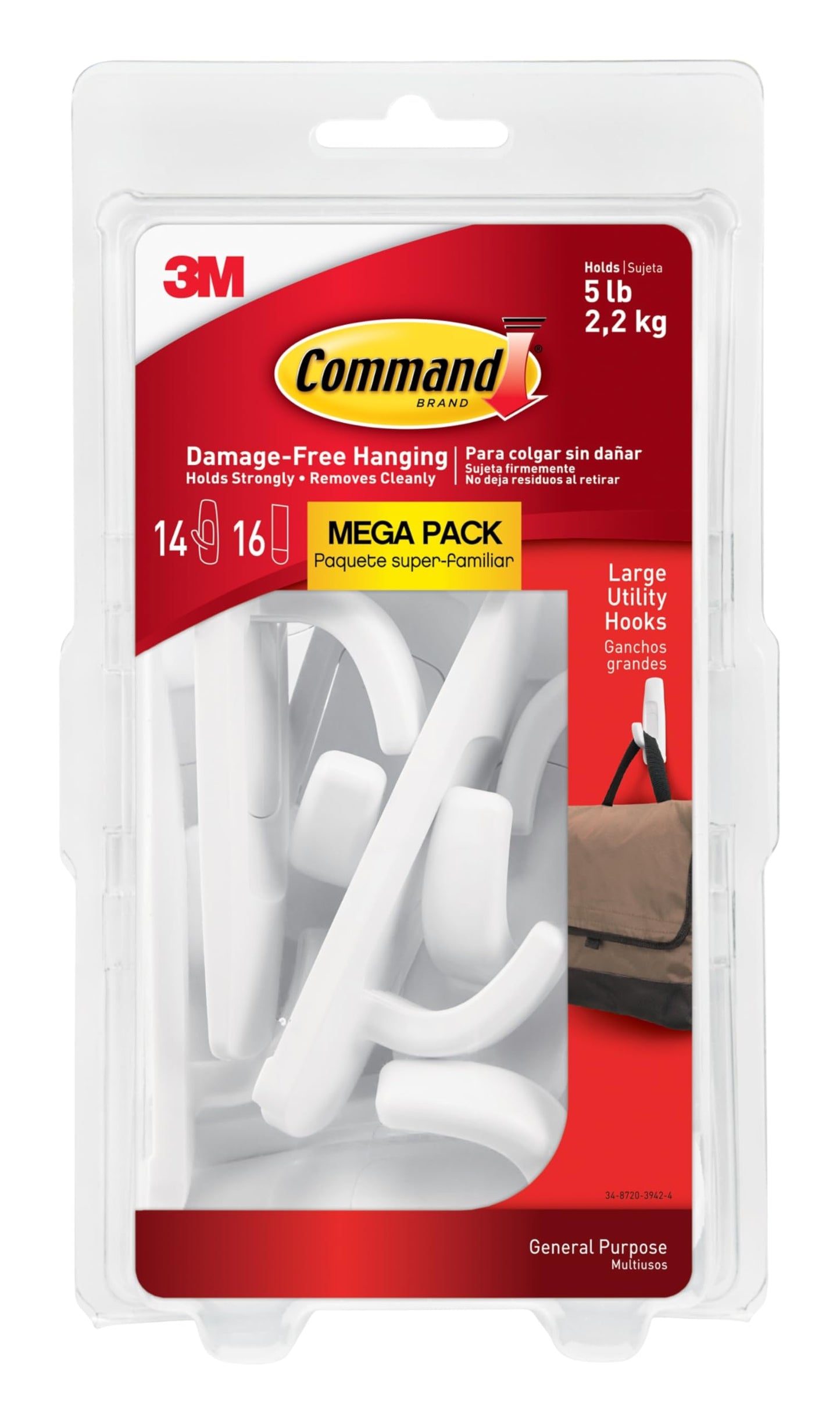 Command Large Utility Hooks, 14 Hooks and 16 Strips, Damage-Free Hanging Wall Hooks with Adhesive Strips, No Tools Adhesive Hooks for Hanging, Organization and Storage (Pack of 2)