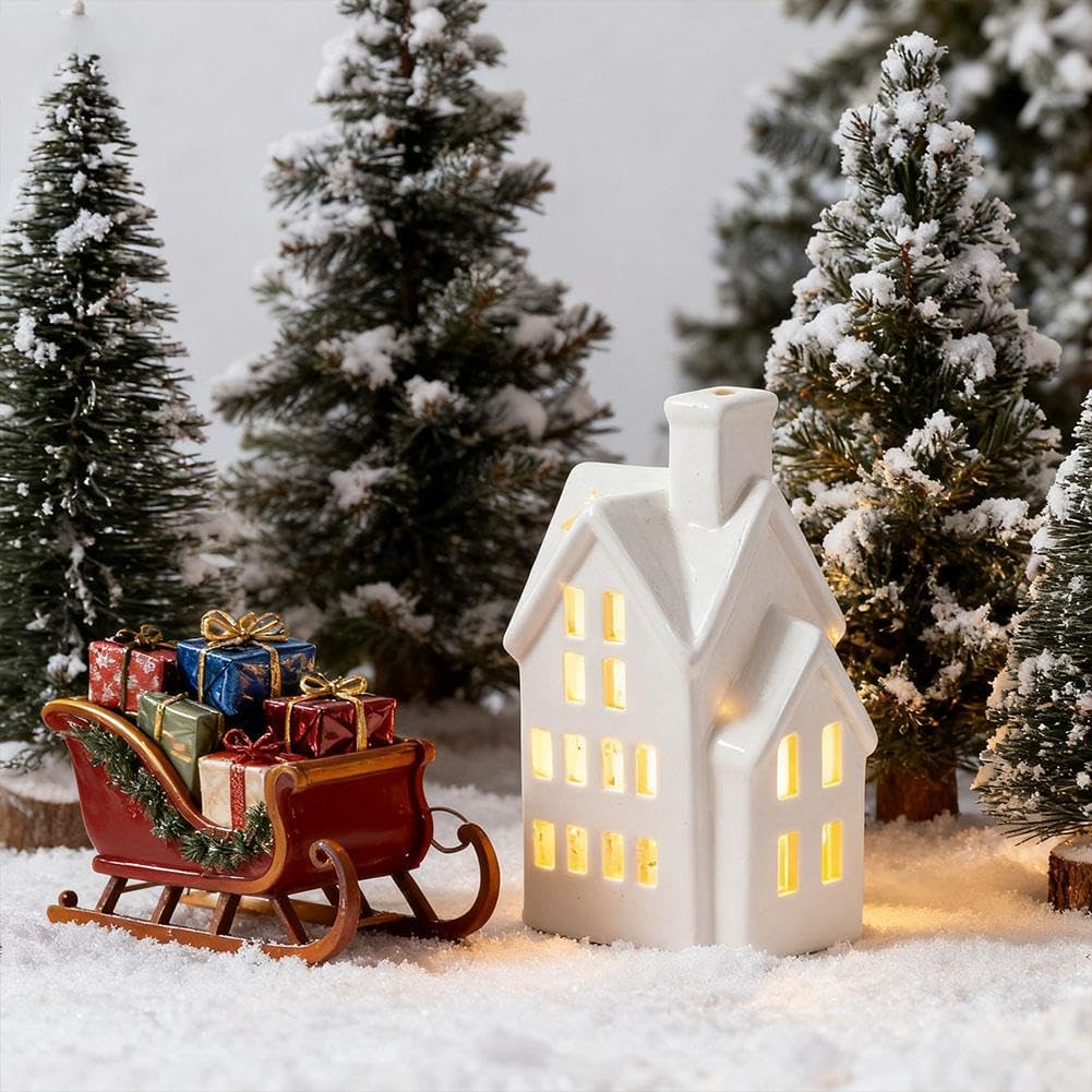 Skiennix Christmas Village House - Light Up White Ceramic Decor for Tabletop Centerpiece (Green)