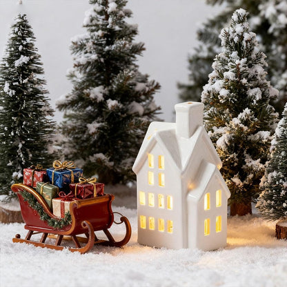 Skiennix Christmas Village House - Light Up White Ceramic Decor for Tabletop Centerpiece (Green)