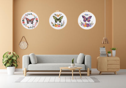 Mozzyyee 3 Sets Embroidery Starter Kit for Beginners Adults Include 3 Embroidery Clothes with Instructions Hoops Floss Thread Fabric Needles (Butterfly)