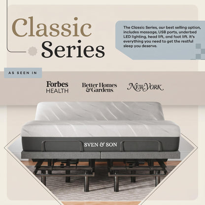 Sven & Son Classic Adjustable Bed Base, Head and Foot Lift, Massage, Under-Bed Lights, USB, Gel Memory, Zero Gravity Smart Frame - King + 12 inch Memory Foam Matt (Medium)
