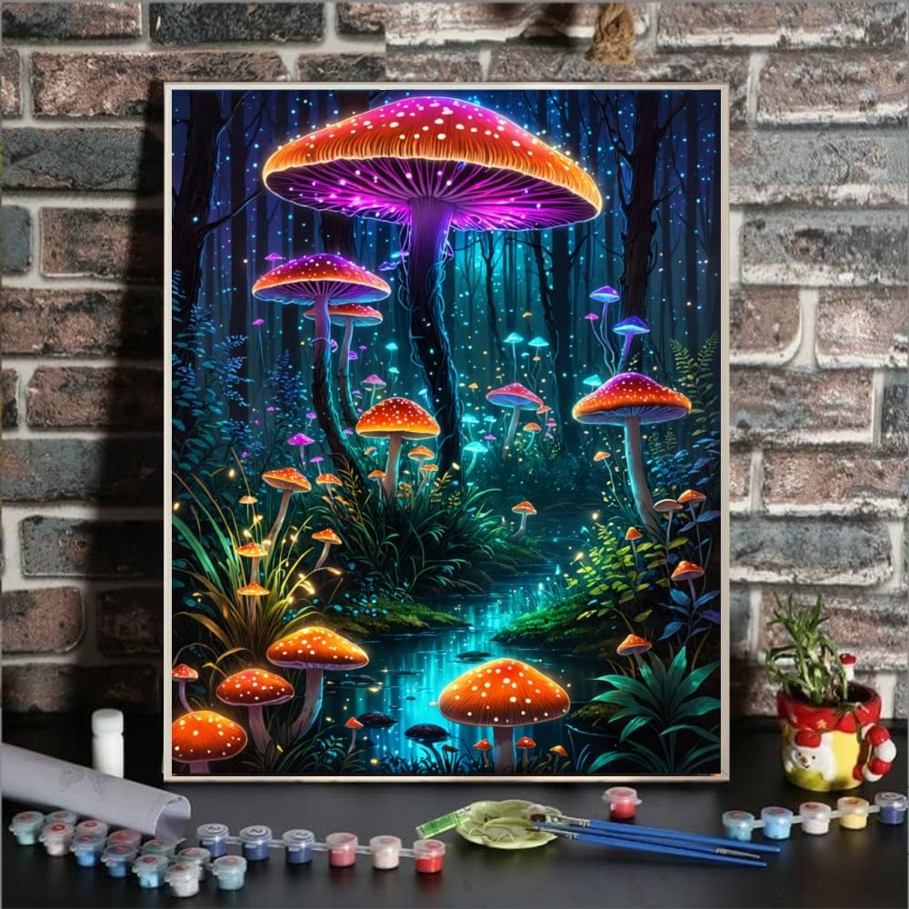 ldazao Paint By Numbers Kit for Adults Beginner Mushroom Paint By Number Kits On Canvas Mushrooms Forest Adults' Paint-By-Number Kits DIY Oil Painting Kits for Gift Wall Decor 16x20 Inch
