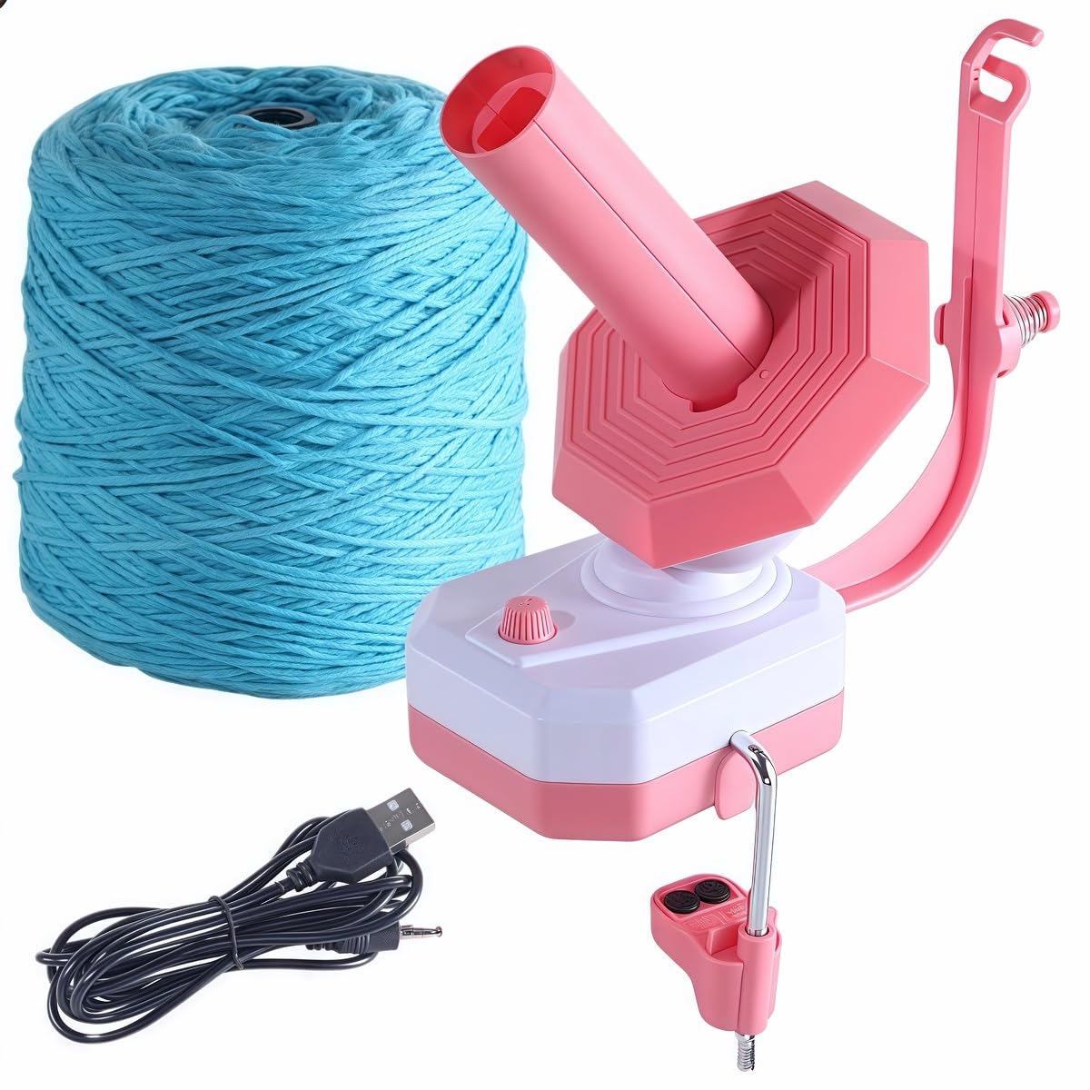 Electric Yarn Ball Winder, Pink and White, Automatic Tension Control with Stepless Speed, 7oz Capacity for Knitting and Crochet, USB Powered
