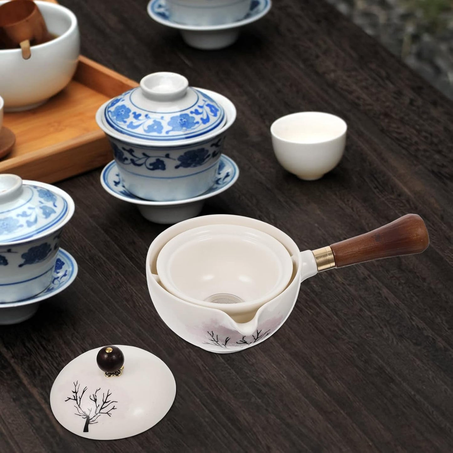 UPKOCH Japanese Tea Set, Teapot with Infuser, Blooming and Loose Leaf Tea Maker with Wooden Handle, Asian Kitchen Style