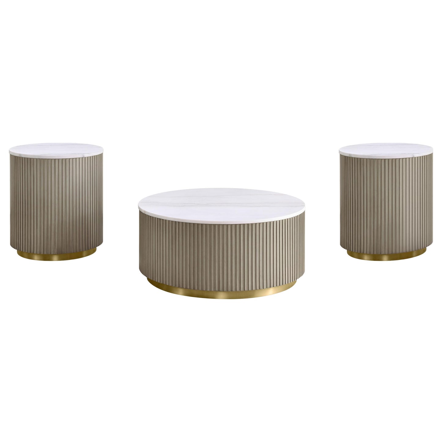 Coaster Home Furnishings - Jason - Wood and Metal - 3-Piece Coffee Table Set with Marble Tops, Reeded Drum Bases, and Gold Ring Accents - Living Room - Greige and White Marble - 711418-S3