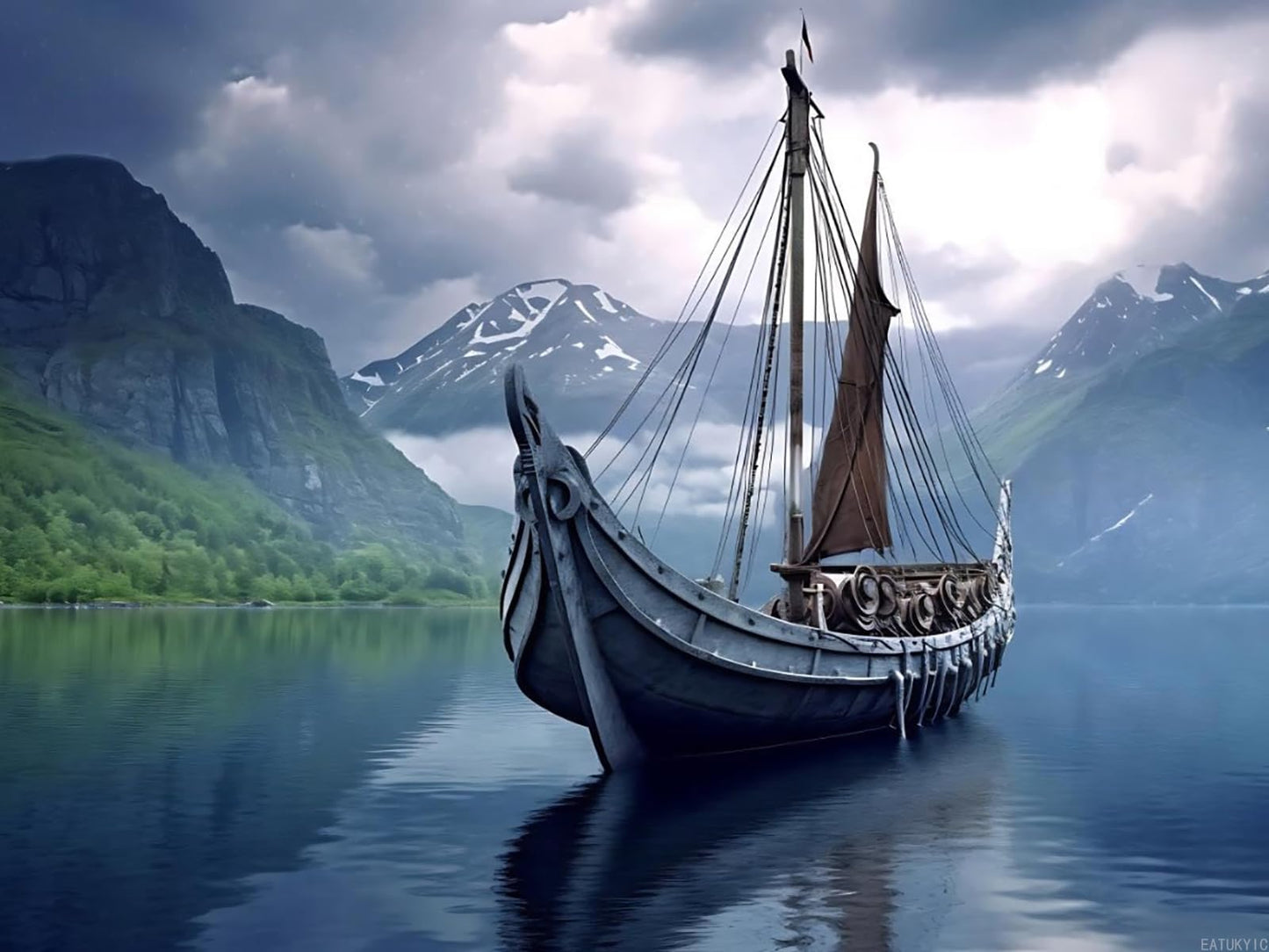 EATUKYIC 5D Ocean Boat Diamond Painting Kits for Adults Beginner, Beauty Viking Ship with Mountains DIY Diamond Art for Home Wall Decor Gifts, Full Drill Round Gem Art 12x16 inch