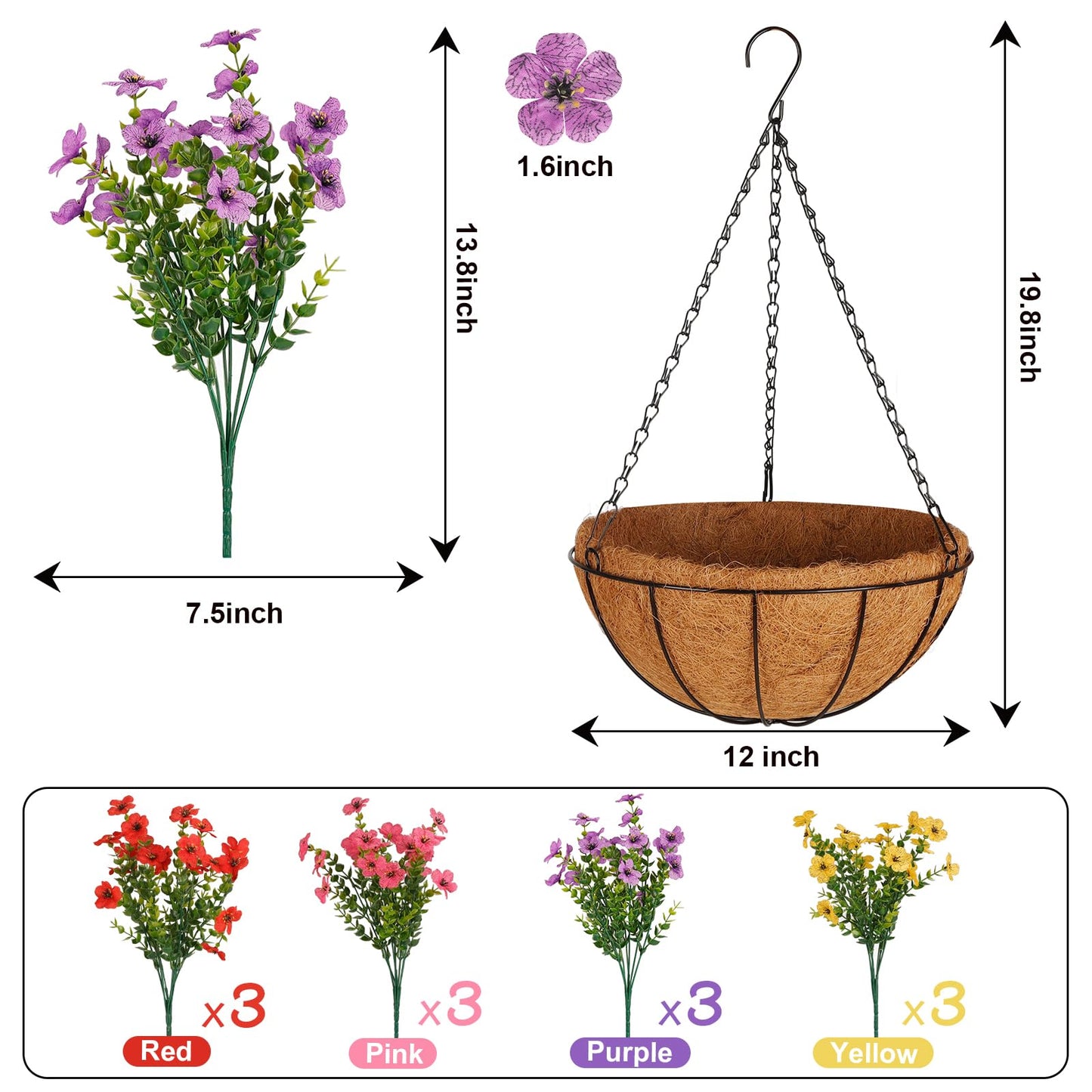 Wanderroot Artificial Outdoors Flowers with Hanging Basket, UV Resistant Fake Hanging Flowers, Faux Silk Plants with Planters for Porch Home Patio Balcony Yard (Rose Red, Purple, Yellow, Red)