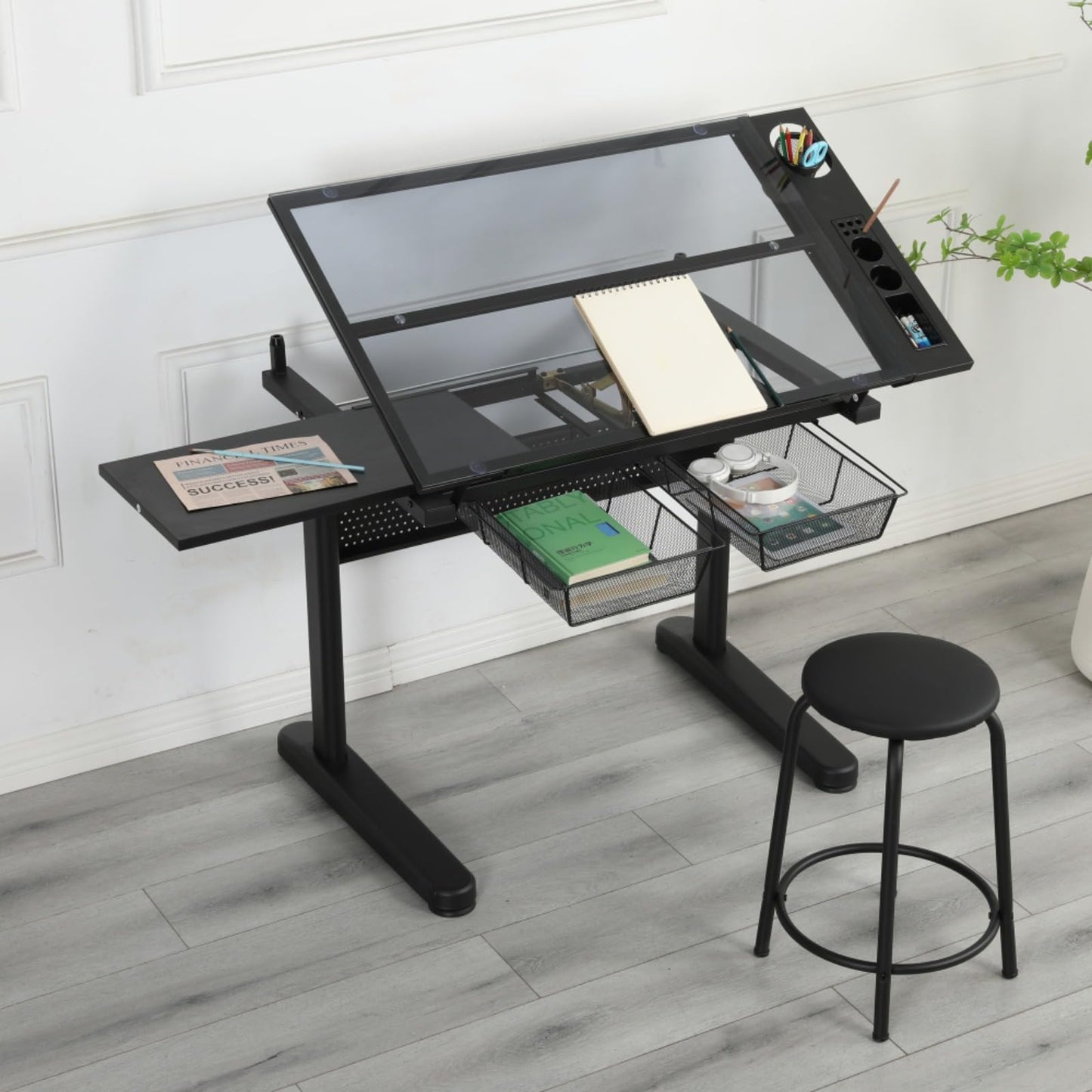 Hassyee Modern Design Hand Crank Adjustable Drafting Table Drawing Desk with Two Large-Size Metal Drawers and E0 Grade MDF Material Desktop (Black)