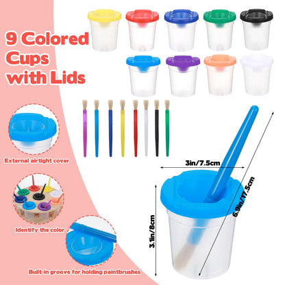 Painting Cups with Rotating Holder 9pcs No Spill Paint Cup with Colored Lids Paintbrushes Waterproof Smock Spill Proof Art Painting Containers Supplies