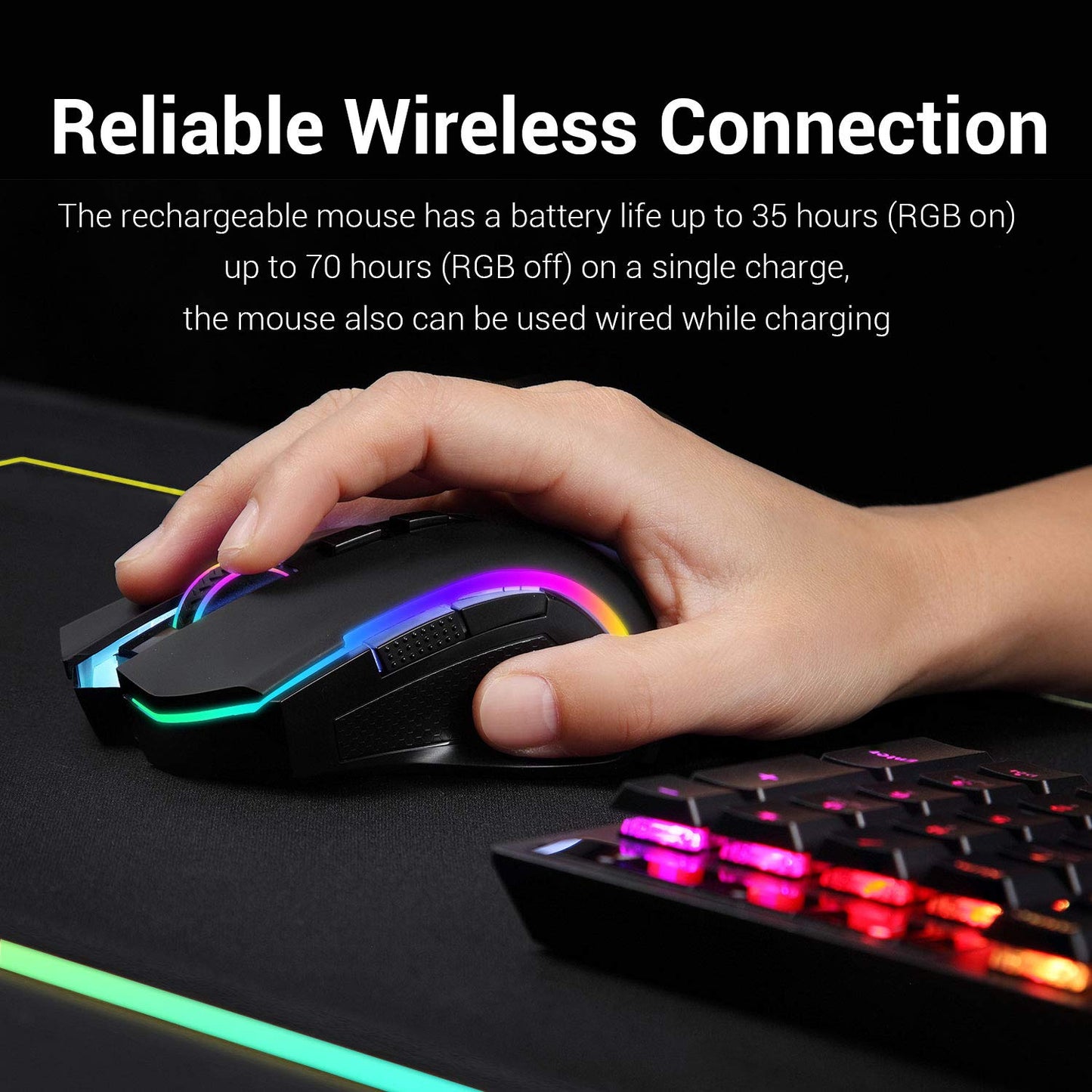 Redragon M602 Griffin RGB Gaming Mouse, RGB Spectrum Backlit Ergonomic Mouse with 7 Programmable Backlight Modes up to 8000 DPI for Windows PC Gamers (Black, Wireless)