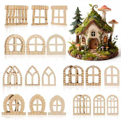 25 Pcs Unfinished Wood Fairy Door and Window Kit, Unpainted Miniature Oak Wooden Garden Doors Blank Windows for Crafts, DIY Fairy House Accessories for Wall Tree Dollhouse Decoration