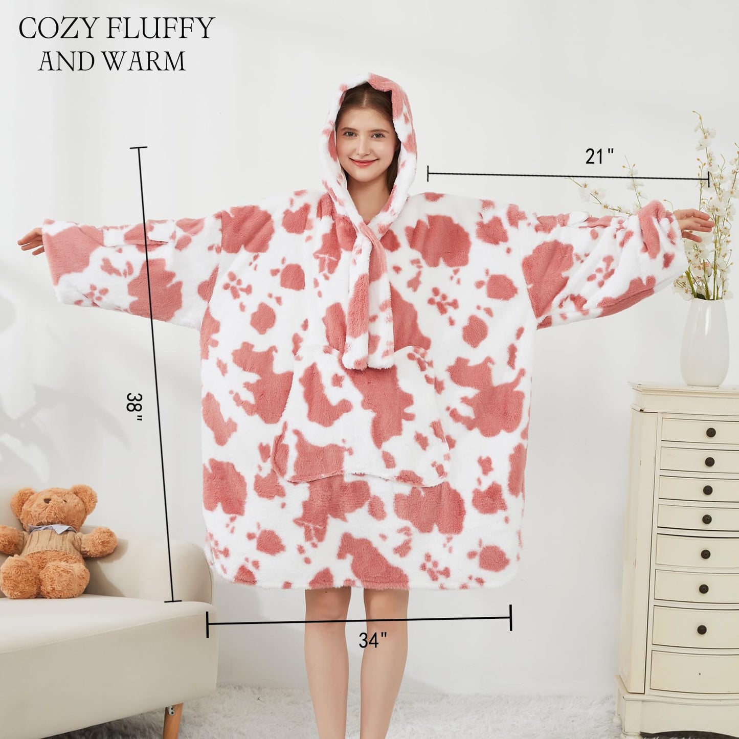 Softan Blanket Hoodie, Oversized Fleece Wearable Blankets for Women and Men Gifts, Cozy Warm and Soft Sweatshirt Blanket with Large Pocket, Pink Cow Print