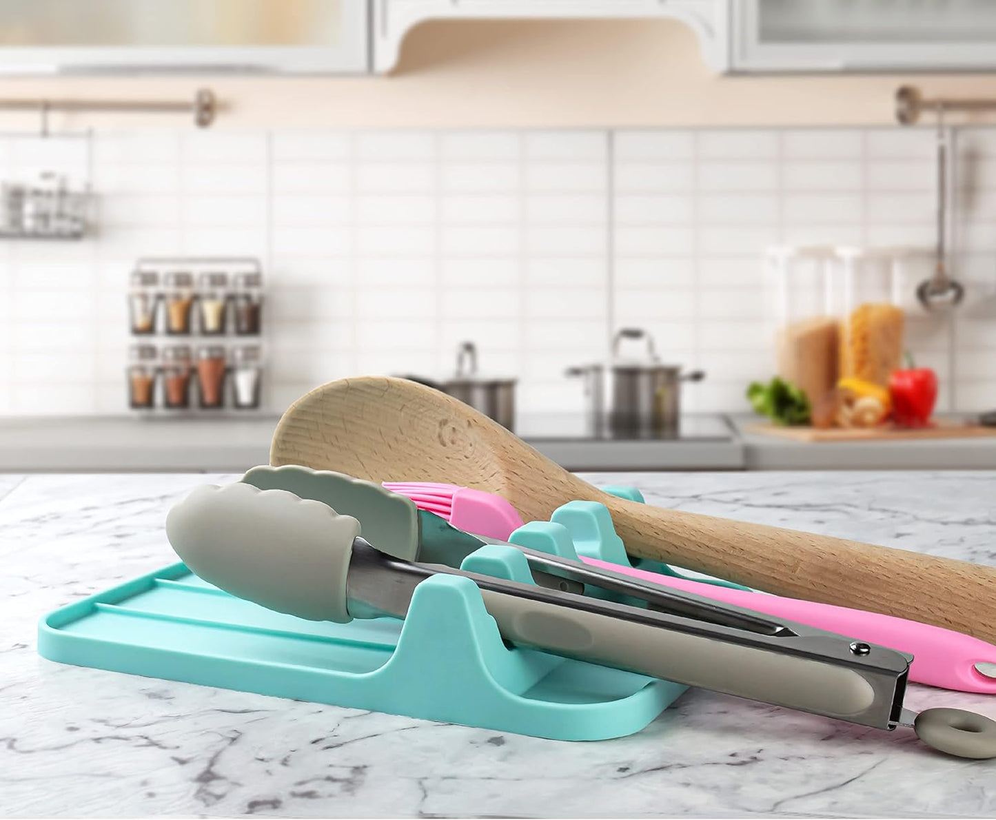 Silicone Spoon Rest for Multiple Utensils, Heat Resistant with Drip Pad, BPA-free Spoon Rest for Kitchen Counter