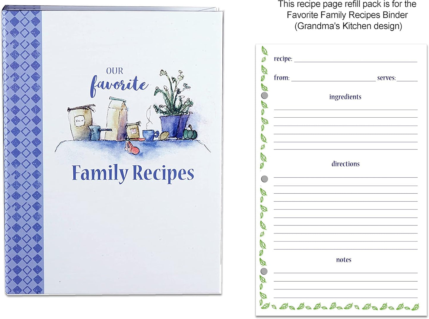 Meadowsweet Kitchens Lined Recipe Page Refill Pack for Favorite Family Recipes Journal, Grandma's Kitchen Design