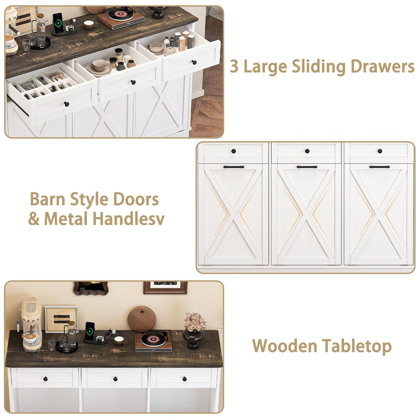 Triple Tilt-Out Trash Can Cabinet, 39 Gallons Wooden Kitchen Garbage and Recycling Bin with 3 Hideaway Drawers, Power Outlets, Pet Proof - Freestanding Laundry Hamper Storage for Bathroom, White