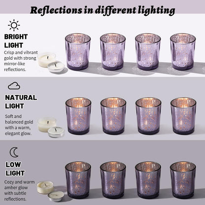 LETINE 48pcs Purple Votive Candle Holders – Glass Tea Light Candles Holder, Standard Votive Size for Regular Votive Candles & Wax Tea Light – Bulk Candle Holder for Party Decoration, Bridal Shower