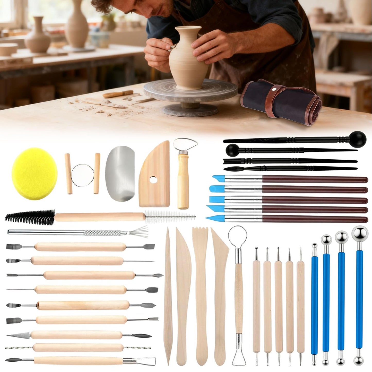 Pottery Clay Sculpting Tools Kit: 39Pcs Foam Clay for Stippling Carving Shaping Molding with Storage Bag - Air Dry Clay for Professional Polymer Artists Even Beginners