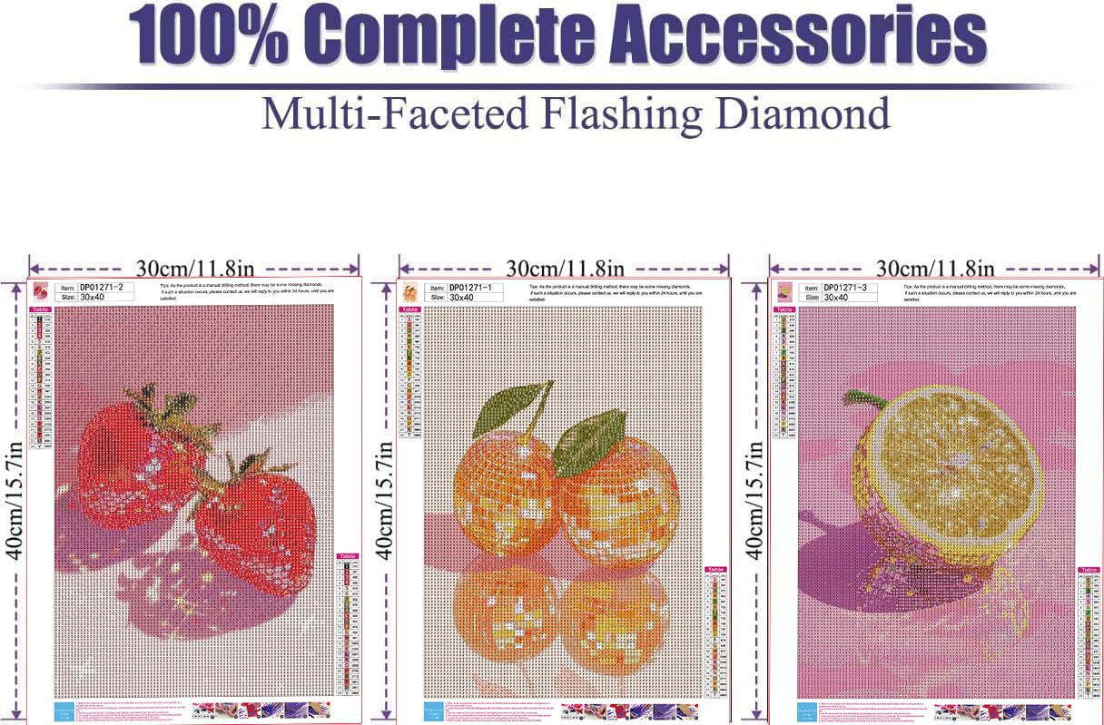 RYMILIE 3 Packs Fruit Diamond Art Kits for Adults, Cute Diamond Art Kits for Beginners-DIY 5D Gem Painting Kit for Home Wall Decor Gifts 【11.8x15.7inch】