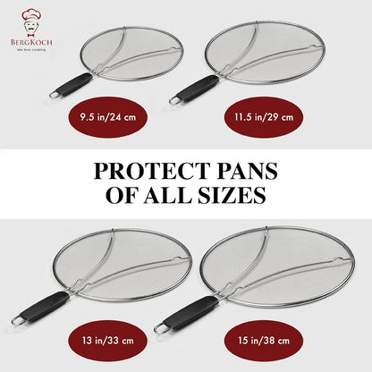 BergKoch Splatter Screen for Frying Pan - 9.5/11.5/13 Inch Stainless Steel Grease Splatter Guard (Set of 3) - Cover Oil Splash when Sizzling Bacon, Cooking Fried Chicken or Popcorn