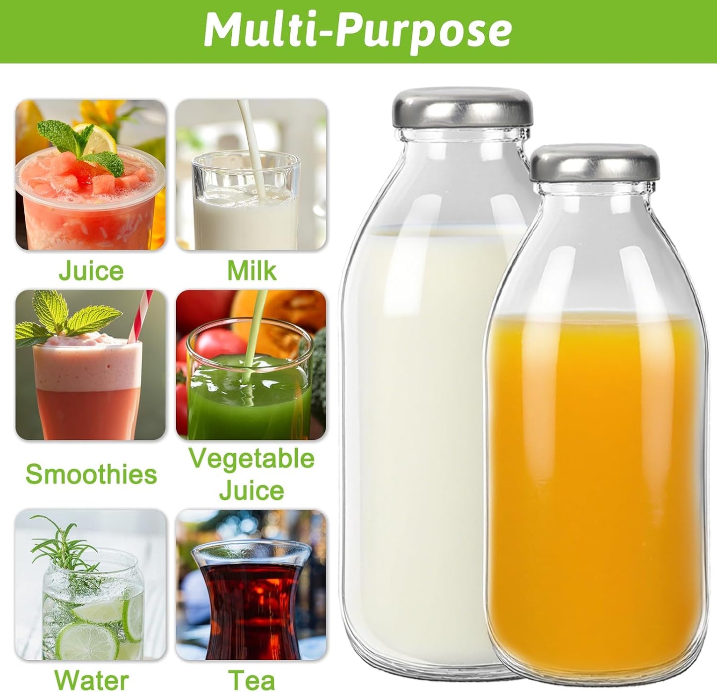 9 oz 6 Pack Glass Milk Bottles with Lids, Reusable Juice Bottle, Drinking Jars Container for Homemade Juicing