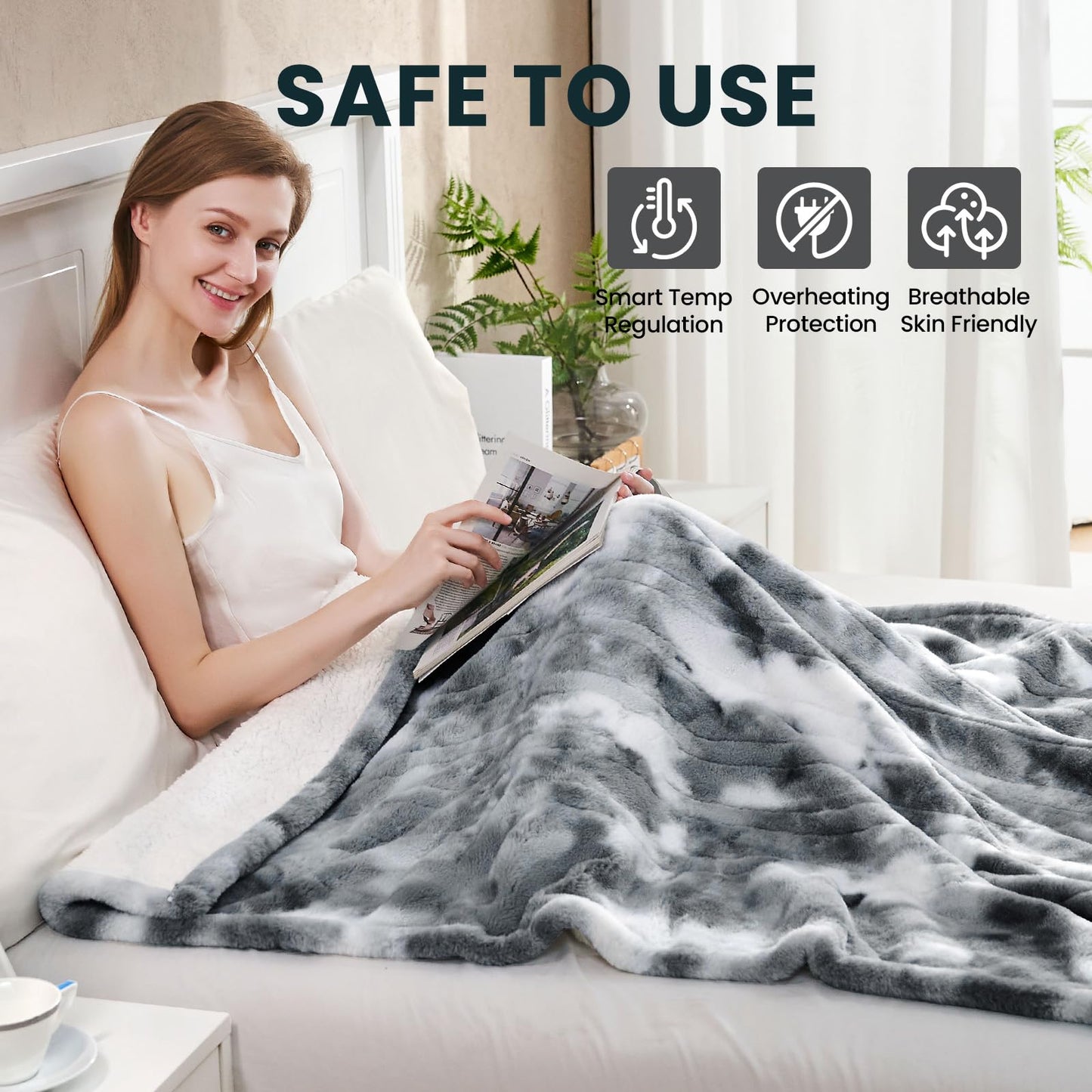Electric Heated Blanket 50"x60",Luxury Grey Faux Fur Electric Throw Blanket,Fast Heating Soft Fluffy Thick Electric Blanket with 6 Heating Levels & 12H Auto Off